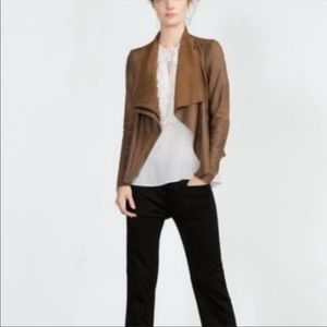 ZARA Faux Suede Front Drape Leather Tan Jacket